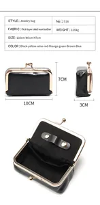 Detail view of mini oil wax leather jewelry bag showing dimensions and kiss-lock closure
