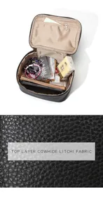 Détails d'un sac en cuir de vachette noir à grain litchi avec compartiment zippé