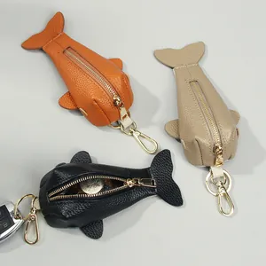Cute Whale Genuine Leather Coin Purse Keychain For Women Mini Cowhide Key Case Bag Pendant Litchi Pattern Zipper Key Holder