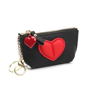 Litchi pattern leather heart coin purse with gold chain, keychain and zipper closure