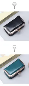 Close-up of black and blue vintage leather coin purses with metallic clasp closures
