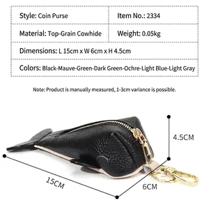 Cute fish-shaped genuine leather key pouch and coin purse with size specifications