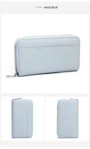 Portafoglio lungo in pelle martellata Alice Blue con protezione RFID e dettagli in metallo