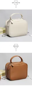 Détail de sacs en cuir grainé blanc cassé et marron avec bandoulière chaîne argentée