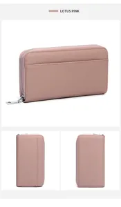 Portafoglio in pelle rosa loto RFID con trama a grana e tasca esterna piatta