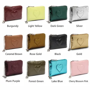Mini portefeuilles vintage en cuir ciré avec patch cœur et zip, 12 couleurs riches au choix