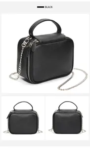 Vues multiples d'un sac à main en cuir noir avec chaîne argentée et double fermeture