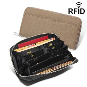 Portafoglio Lungo in Pelle Donna con Blocco RFID in Pelle di Vacchetta Primo Strato Granulata con Cerniera e Divisori per Monete