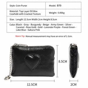 Mini portefeuille vintage en cuir ciré noir avec couture cœur et chaîne en métal