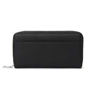 Portafoglio donna in pelle nera RFID con grana litchi e chiusura a zip in argento