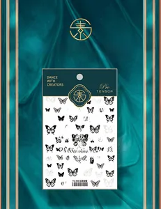 Detailed sheet of White Night Butterfly nail stickers TS-390 with fine monochrome patterns