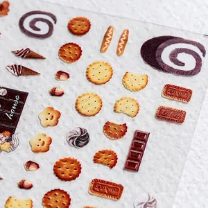 5D embossed nail art stickers featuring realistic dessert sweets and floral cookies