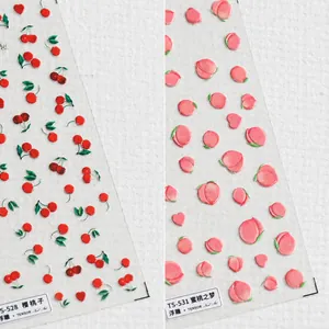 Autocollants à Ongles Relief 5D Japonais Motifs Pêche Cerise Doux 3D Gaufrés Transparents Auto-Adhésifs Nail Art Femmes
