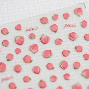 Stickers ongles 5D relief pêche avec texture 3D et motifs de cœurs roses délicats