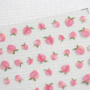 Stickers nail art 5D gaufrés motifs pêches dégradé rose avec feuilles vertes
