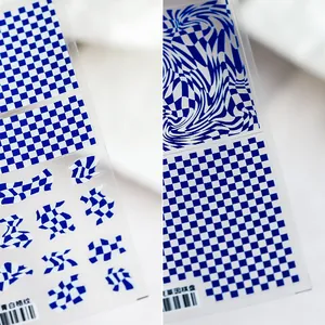 5D Relief Nail Art Stickers Japanese Style Checkerboard Wavy Grid Patterns Frosted Ultra Thin Manicure Decals For Women