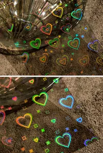 Macro detail of holographic laser heart patterns on transparent nail art stickers