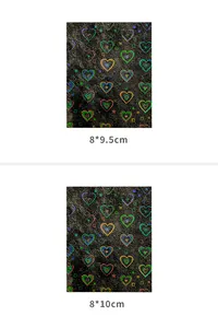 Detailed holographic laser heart nail art stickers in 8x9.5cm and 8x10cm dimensions