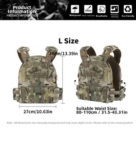 Detailed size guide for Multicam tactical vest with adjustable laser cut MOLLE system
