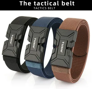 Tactical belts with magnetic buckles in black, blue, and brown nylon fabric
