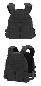 Detail of black tactical vest with laser-cut MOLLE system and adjustable shoulder straps