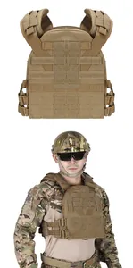 Detail of khaki tactical vest with MOLLE webbing and side quick-release buckles
