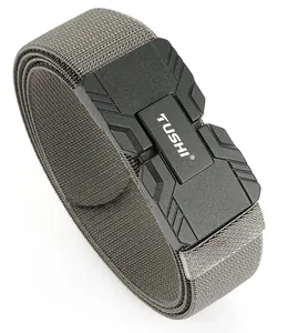 Macro detail of military green tactical nylon belt with quick release magnetic buckle