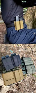 Detail der taktischen Magazintasche mit Molle-System in den Farben Schwarz, Grün und Khaki