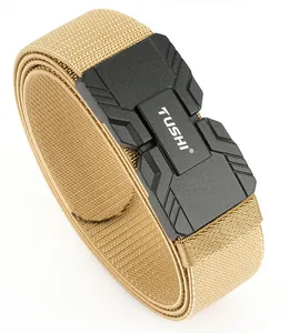 Macro view of khaki tactical nylon belt showing dense elastic weave and magnetic buckle