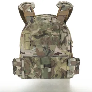 Detail of multicam tactical vest with laser-cut MOLLE system and adjustable shoulder straps