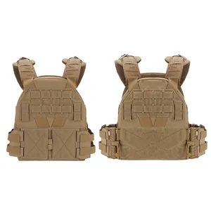 Detailed front and side view of wolf brown tactical vest with MOLLE system and buckles