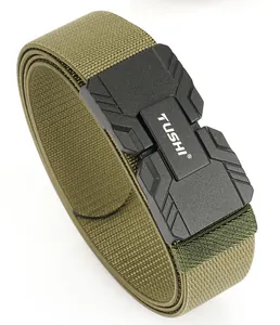 Detail of army green nylon tactical belt with quick-release magnetic buckle