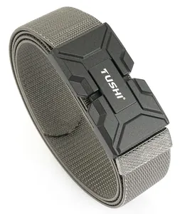 Macro detail of the durable elastic tactical belt with a secure 3.5 magnetic quick release buckle