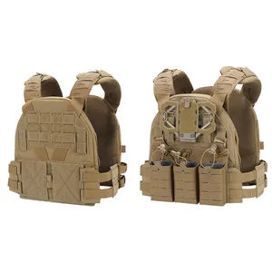Front and back views of a khaki tactical vest with laser-cut MOLLE and magazine pouches