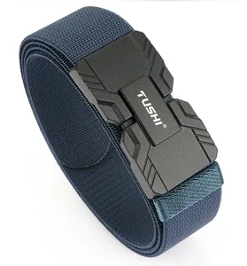 Close-up of durable navy blue tactical belt with a sturdy black magnetic buckle and TUSHI logo