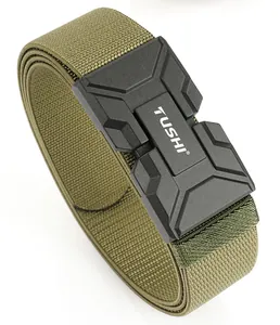 Close-up of army green tactical belt with black magnetic quick-release buckle and nylon webbing