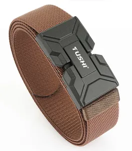Detailed view of the brown tactical elastic belt with a magnetic quick-release buckle