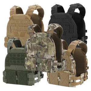 Detailed view of tactical vests in desert, black, green and camo with MOLLE system