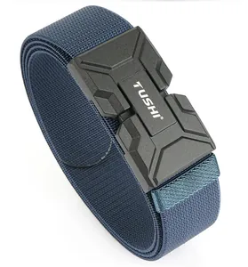 Detail of the navy elastic tactical belt featuring a matte black magnetic quick release buckle