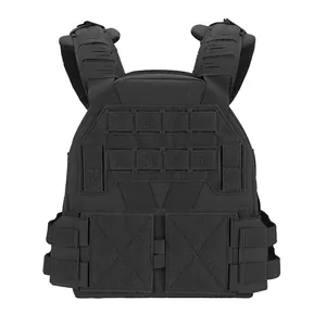 Detail of laser-cut MOLLE system and adjustable numbered shoulder straps on black tactical vest