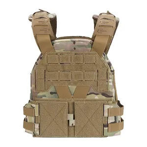 Detail of multicam tactical vest featuring laser-cut MOLLE system and adjustable straps
