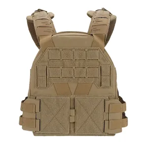 Macro detail of desert tan tactical vest featuring laser-cut MOLLE and adjustable straps