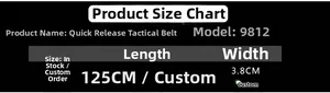 Size chart for tactical belt model 9812 with 125cm length and 3.8cm width specifications