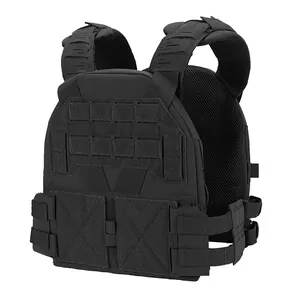 Detail of black tactical vest with laser-cut MOLLE system and adjustable shoulder straps