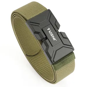 Tactical magnetic buckle belt in army green woven fabric for outdoor sports and heavy duty use