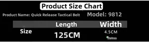 Detailed size chart for quick release tactical belt showing 125cm length and 4.5cm width