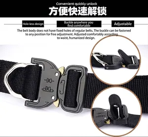 Detail of heavy-duty nylon tactical belt with quick-release metal buckle and D-ring