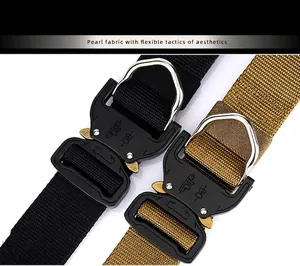 Detail of heavy-duty nylon tactical belts featuring metal quick-release buckles and D-rings