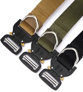 Detailed view of 3.8cm tactical nylon belts in black, green and khaki with metal buckles