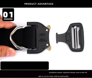 Macro detail of zinc alloy quick release buckle with D-ring on black tactical nylon belt
